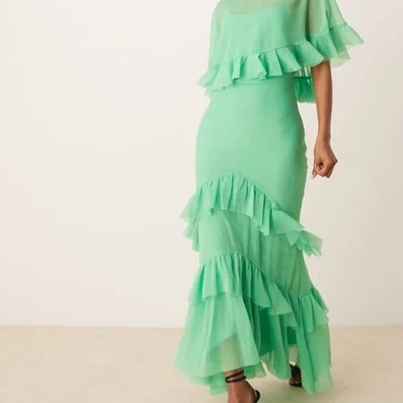 ASOS DESIGN cape overlay ruffle bias maxi dress in bright green - Picture 1 of 11